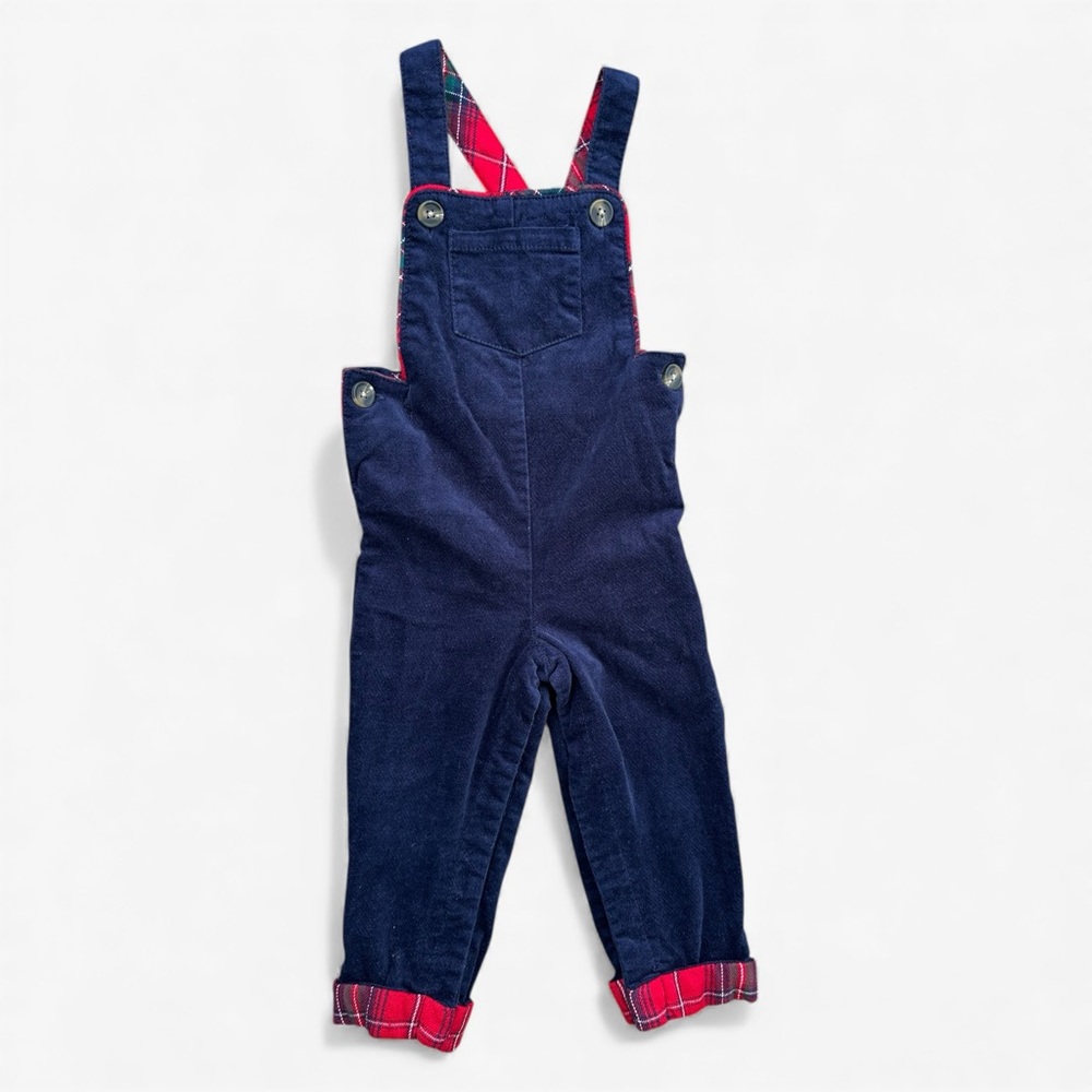 Max Studio Baby Navy Velvet Overalls w/ Red Plaid Trim Size 18M Holiday